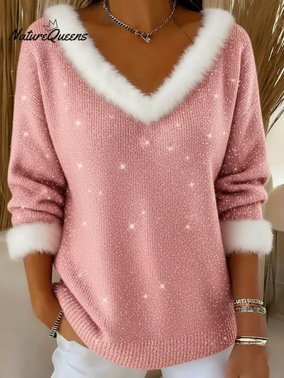 Elisa | Maglione Natalizio in Morbida Pelliccia Sintetica con Scollo a V